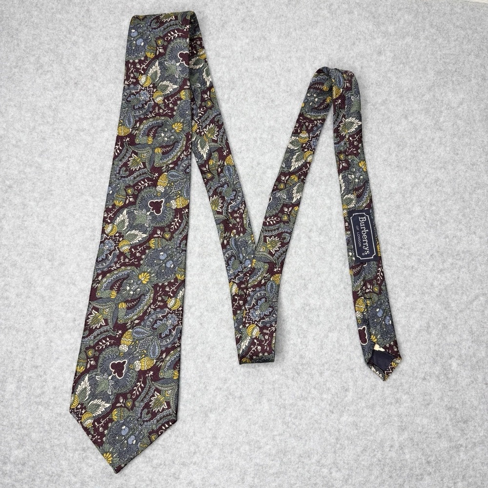 Vintage Burberrys USA Made Floral Burgundy Blue Silk Neck Tie Formal Business